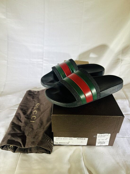 Gucci Men\'s Slide Sandals 308234 GIB10 Black Green Red Striped Rubber Size 7 main image 6